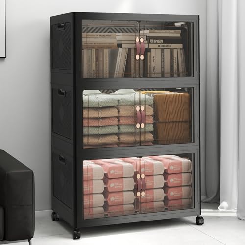 UAMFURI Stackable Storage Bins with Lids, 360QT Lockable Storage Cabinet | Folding Storage Box with Doors and Wheels, Collapsible Plastic Drawers for Home, Garage, Office - color: Black, size: Large
