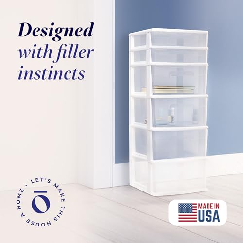 HOMZ Drawer Tower, 6-Tier Storage Cart with Removable Wheels, White Frame | Plastic Organizer with Clear Bin Drawers for Bedroom, Bathroom, Home Office, and Dorm Rooms
