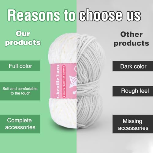 LUNARM Chenille Yarn for Crochet Knitting Chunky Blanket Velvet Yarn | 3 Pack 3.5oz/100g 486 Yard Milky White Chenille Yarn for Beginners Knitting Scarves with Big Eye Needles Machine Washable - color: Milky White