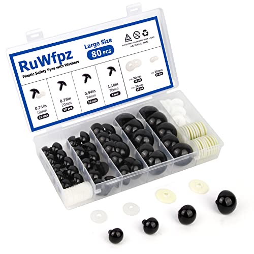 RuWfpz Large Safety Eyes for Crocheting Amigurumi 18-30mm 4 Sizes Black | 80Pcs, Hard Washer, Big Stuffed Animal Eyes with Labeled Storage Box, Plastic Crochet Animals Eyes for Crafts Doll Bear Plush