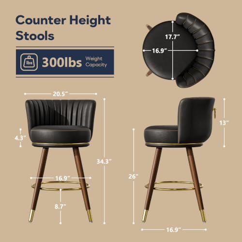 26 Inch Black Leather Swivel Counter Bar Stools Set of 4 | Upholstered pleated backs, wood legs, gold footrests, 300lbs capacity swivel chairs for home kitchen islands - color: Black, size: 26" Counter Height-4 Pieces