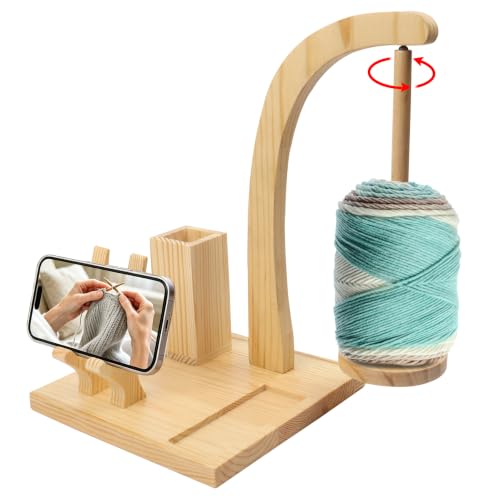 Yarn Holder for Crocheting Knitting,Wooden Magnetic Rotating Yarn Spinner Stand,Anti-Slip Base & Storage,Tangle Free Dispenser,Crochet Accessories Birthday Gift for Women Mom Wife Grandma (Natural)