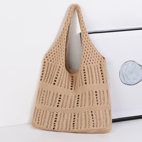 WantGor Crochet Bags, Beach Mesh Tote Bag Womens Shoulder Shopping Handbag | Casual Travel Totes Bag Foldable Hobo Bags - color: Brownish Yellow