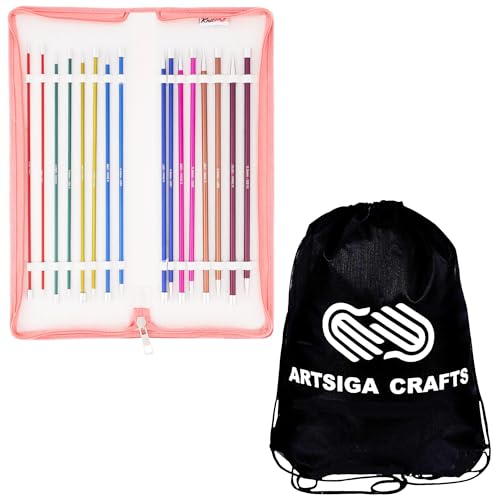 KnitPro Zing Deluxe 14-Inch Straight Single Point Knitting Needle Set | US 1.5, 2.5, 4, 6, 7, 8, 9, 10 Incl. Color-Coded Aluminium, Tapered Tips, Fabric Case & Project Bag