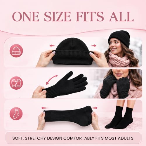Yacht & Smith Wholesale Beanie and Glove Winter Bulk Kit, Kids Adults Bulk Sets, Homeless Donation Shelters - color: 12 Black Womens Socks + 12 Black Beanies + 12 Black Gloves