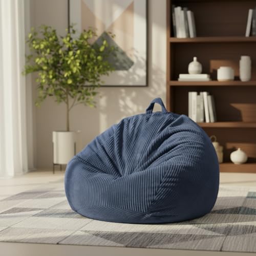 ZhenLives Stuffed Animal Storage Bean Bag Chair Cover, Cover Only (No Filler), Corduroy Toy Organizer Floor Cushion Seat, 48 in/120 cm Slipcover for Teens & Adults, Blue - color: Navy Blue, size: Adult (Cover Only）