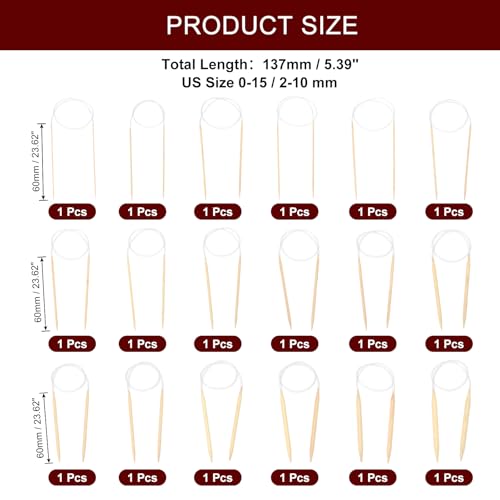 HARFINGTON 18Pcs US Size 0-15 (2-10 mm) Circular Knitting Needles, 24 Inch / 60 cm Round Wooden Needle for Handmade Projects DIY Knitting Blankets Socks Hats Sweaters - size: US Size 0-15 x 24 Inch
