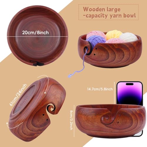 Weabetfu Extra Large Rosewood Yarn Bowl with Spiral Groove and Hole,8" x 3" | Handmade Wooden Knitting Bowls,Large Yarn Storage Organizer for Big Yarn Balls,Mother's Day and Christmas Gift - size: 8inch