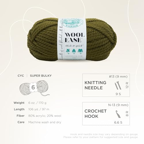 (1 Skein) Lion Brand Yarn Wool-Ease Thick & Quick Bulky Yarn, Cilantro | Super Bulky Wool Acrylic Blend Fiber for Soft Hats, Sweaters, Chunky Blankets, Yarn for Crochet, Knitting, Crafts, Weaving - color: Cilantro, size: 1 Pack