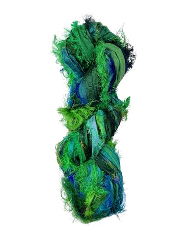 Maker's Craft Recycled Fuzzy Fringes Sari Silk Ribbon Yarn 35yards, 100Grams for DIY Knitting Crocheting Gift Wrapping, Christmas Decoration, Macrame Makers, Jewelry Making, Rugs Hooking (Green) - color: Green