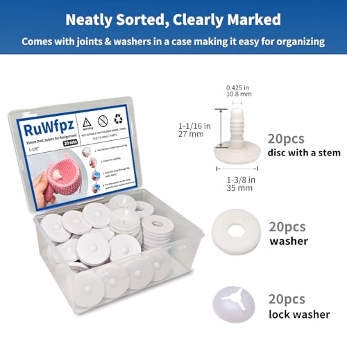 RuWfpz Doll Joints for Amigurumi Crochet 35mm 20 Sets Plastic White 1-3/8" | Add More Flexibility, Toy Safety Joints for Stuffed Animals, Movable Amigurumi Crafts Teddy Bear Joints for Arm Leg Neck - size: 35 mm