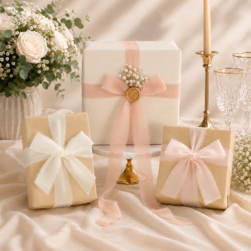 DORIS HOME Handmade Fringe Chiffon Ribbon 1" x 21Yd Pink & Cream | Fabric Ribbon, For Flower Bouquet/Gift Wrapping/Wedding Invitations/Party Decorations - color: Pink and Cream