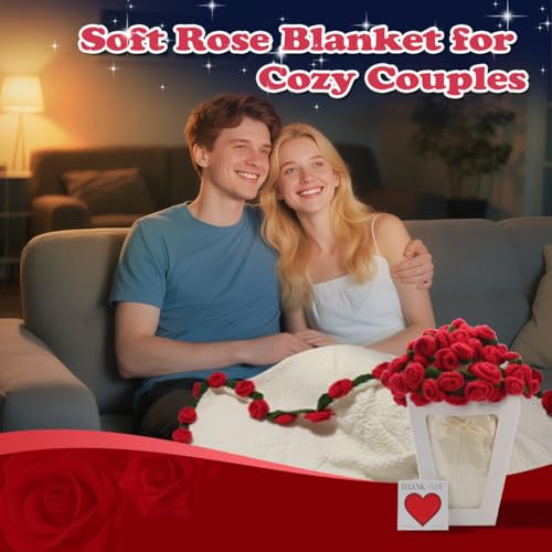 Rose Crochet Flower Bouquet Blanket, Handmade Knitted Throw Blanket | Christmas, Valentines, Mothers Day, Birthday, Anniversary Unique Red Rose Bouquet Gifts for Mom Wife Girlfriend, 43 Inch - color: White, size: Medium