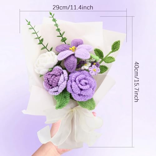 Marvogo Handmade Crochet Flower Bouquet,Crochet Flowers for Loved Ones | Crochet Flower,Crochet Rose, Bell Orchid, Tulip, Finished Artificial Flower Ideal for Lovers, Family and Friends purple - color: Purple