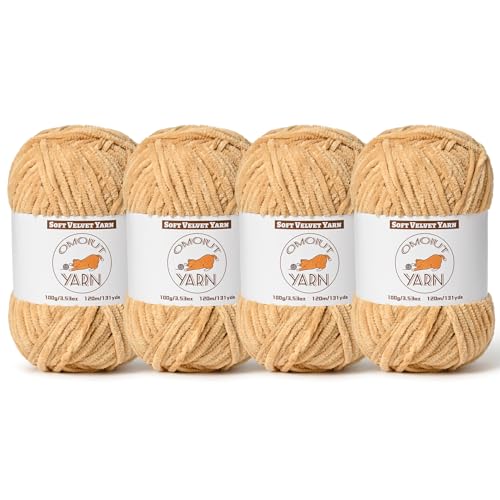 4 Pack Khaki Fluffy Velvet Yarn for Crocheting, Chunky Chenille Baby Blanket Yarn for Crochet, Soft Fuzzy Puzzle Yarn for Knitting, (100g/3.53oz Each) Bulky Thick Amigurumi Crochet Yarns - color: 4 Khaki