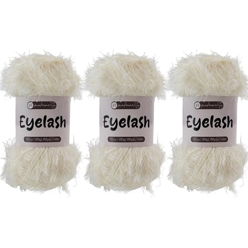 Makromecity Eyelash Yarn – Fuzzy Fun Fur Yarn, 3.53 Oz (100g) 150 yd (140m), Weight 3 Light, Premium Polyester Novelty Feather Yarn for Scarves, Amigurumi, Plush Toys & Craft (Cream, 3 Skeins) - color: Cream, size: 3 Skeins