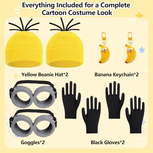 ZIW Yellow Cartoon Character Costume Set Adult Women Funny Halloween Outfit | Easy Halloween Costumes with Beanie Goggles Gloves Banana Keychain Animated Dress Up Cosplay Kit - color: Yellow-2pcs