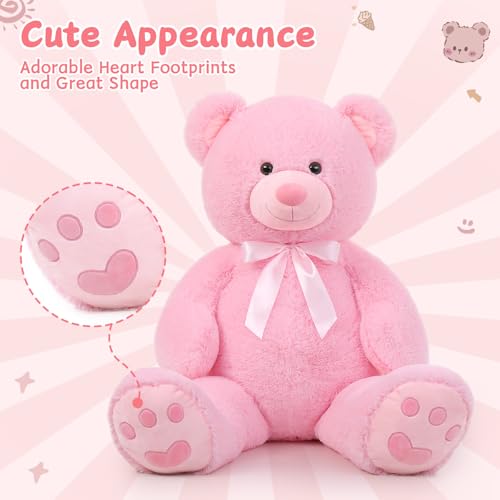 MorisMos 47inch Giant Teddy Bear Stuffed Animal 4ft, Big Teddy Bear Plush for Baby Shower, Cuddly Large Stuffed Bear Gifts for Kids, Girls, Girlfriend, Women on Valentine, Christmas, Birthday（Pink） - color: Pink, size: 4 ft
