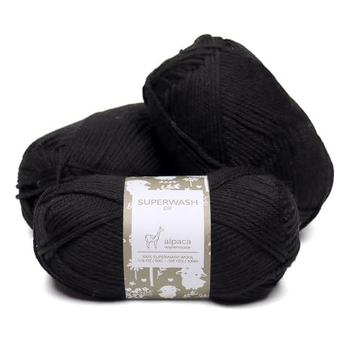 100% Superwash Wool Yarn 3 Skeins 150g DK Weight Knitting Crochet Black | Sourced from Peru for breathable warmth and 327yd total length per 150g pack ideal for soft baby garments hats and sweater - color: Black