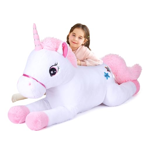 IKASA 43" Giant Unicorn Stuffed Animal Plush Toy,Zipper-Free,Full Stuffing | Extra Plump Full Body Filling, Child-Safe One-Piece Design, Cute Hugging Pillow Gift for Kids, Girls & Adults - color: White