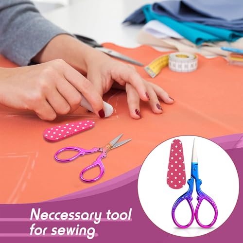Honoson 4 Pcs Small Embroidery Scissors, 3.6", Simple, Chic Colors | Sewing Scissors with Leather Cover, Sharp Tip for Needlework Cross Stitch Crochet Knitting Craft, Stainless Steel Stork Shear - color: Chic Colors