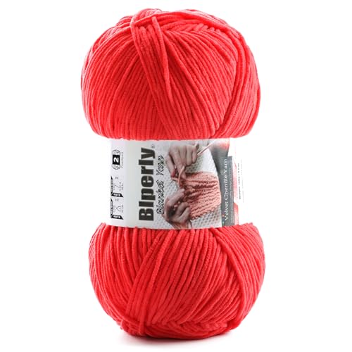Skinny Chenille Yarn for Crocheting and Knitting - 1 Pack of 100g/317yds Ultra Soft Fluffy Plush Velvet Yarn - #2 Crochet Yarn for Amigurumi, Blankets, Plush Dolls, Baby Clothes (1, Red) - color: Red