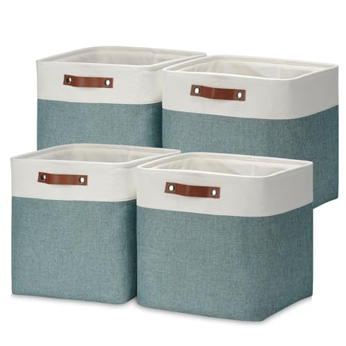 DULLEMELO Storage Bins, 4 Pack Of 13x13x13 Decorative Storage Cube Bins Suit Office, Home, Shelves And Closet, Stackale Gift Baskets Empty with Leather handle (White&Deep Green) - color: White&Dark Green, size: L-13"x 13"x 13"