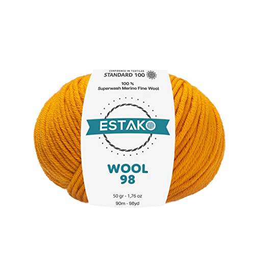 Estako Wool 98 100% Soft Superwash Merino Wool Worsted Weight Yarn, Mustard | 1.76 oz, 98 yds, cyc 4 medium, aran, machine washable, 5 mm needles, 6 mm hook, 20 sts gauge, crocheting, sweaters - color: 6367 - Mustard, size: 1 Skein