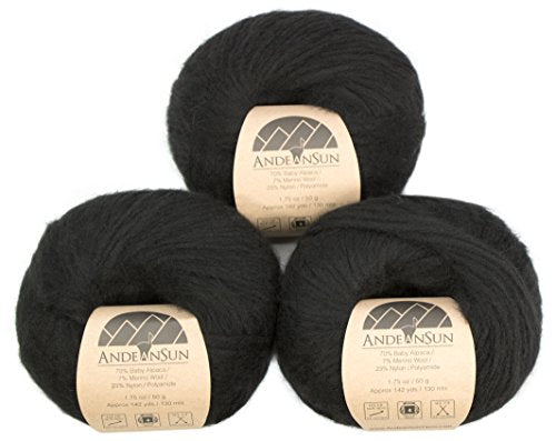 (Set of 3) Baby Alpaca Merino Wool Yarn [426 Yards Total] Black, #4 Worsted - color: Black