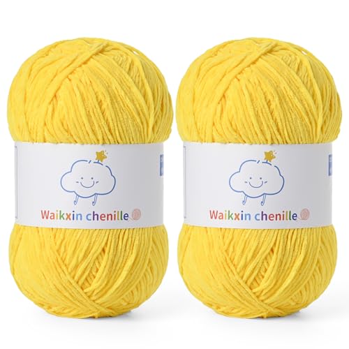 Fluffy Chenille Yarn for Crocheting，Baby Yarn for Crocheting Soft，2 Pack of 100g/3.5oz Velvet Amigurumi Yarn ，Fingering Weight Yarns for Crocheting Baby Blankets、DIY Craft.(2 Golden Yellow) - color: [2 Golden Yellow]