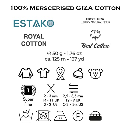 Estako Royal Cotton, 100% Mercerized Giza Cotton Yarn, Light Grey | soft, silky sheen, super fine, fingering 1, sock weight, 50 g, 137 yds, baby clothes, summer tops - color: 5056 - Light Grey, size: 1 Skein