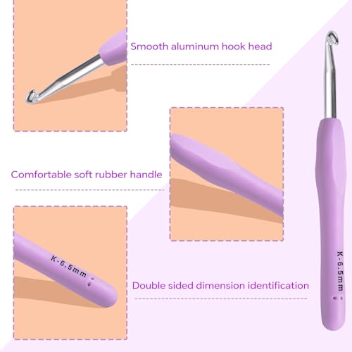 6.5mm Crochet Hook, Ergonomic Crochet Hooks with Soft Rubber Handle and Smooth Glide Head - Lightweight Aluminum Needles for Beginners, Arthritis, Yarn Projects, Long Crafting Sessions (6.5 mm) - size: 6.5mm