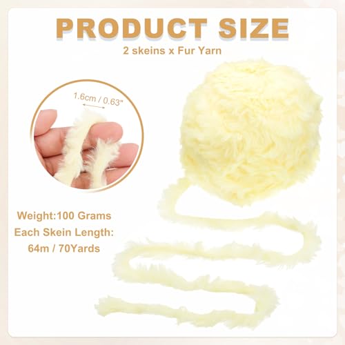 PATIKIL 70 Yards Fur Yarn, 2 Skeins 100 Grams Soft Plush Fluffy Chunky Polyester Faux Fur Eyelash Yarn for Crocheting Hand Knitting Blanket Hats Crochet Crafting, Cream Yellow - color: Cream Yellow