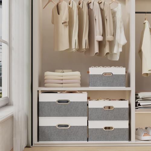 Yawinhe Fabric Storage Baskets,13.0x9.1x7.9in,White/Grey,2-Pack | Foldable Storage Bins for Shelves, Closet Bins for Organization, Collapsible Storage Baskets for Towels, Rectangle Basket - color: White/Grey, size: 12.99x9.05x7.87in/2-Pack