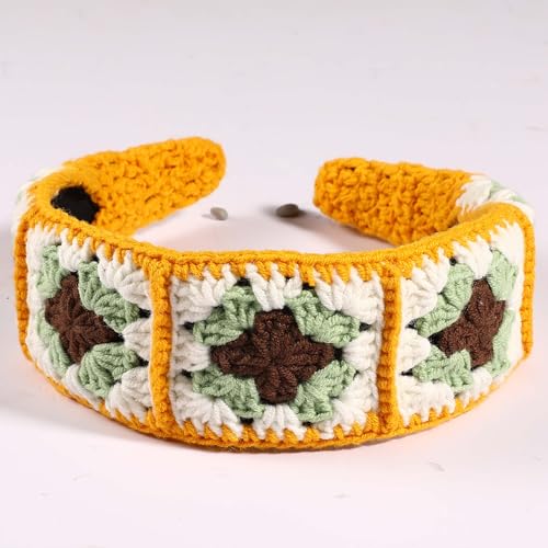 Crochet Headband for Women, Handmade Sunflower & Checkered Hair Accessories, Stretchable Boho Hair Band (Coffee-Yellow, Checkered) - color: Coffee-Yellow