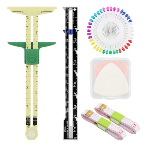 Sewing Gauge Measuring Tool Set, 5-in-1 Sliding Marker & Seam Gauge Ruler, Fabric Quilting Tool with 2 Pcs Measuring Tapes for Quilting, Knitting, Crafting, Button Hole Marking, Hem Guide (7 Pieces)