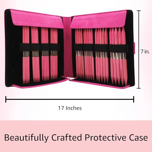 Lykke Blush Large 6-inch DPN Knitting Needles Set | Large US 6, 7, 8, 9, 10, 10.5, 11, 13 Fuchsia Case, Birchwood Semi-Sharp Tips, Project Bag - color: Blush-with-Fuchsia-Case