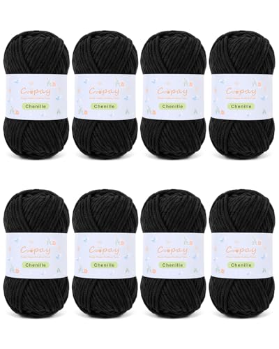 Coopay Chenille Yarn for Crochet, Medium Weight Yarn CYC #4, Black | Crochet Yarn Set - 400g Total, Soft Velvet Yarn for Colorful Crafts, Blankets, Plush Dolls, Decorative Handmade Works - color: Black, size: #4 Medium