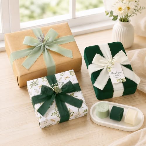 DORIS HOME Handmade Fringe Chiffon Ribbon 1" x 21Yd Green & Cream | Fabric Ribbon, For Flower Bouquet/Gift Wrapping/Wedding Invitations/Christmas Decorations/Party Decor - color: Green and Cream