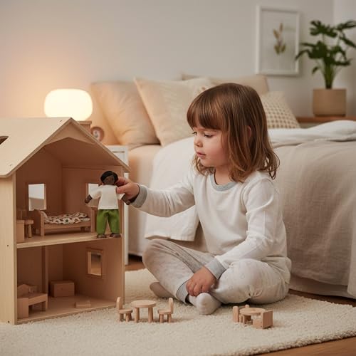 PlanToys® Father Dollhouse Wooden Figurine Poseable 1:12 Scale 5-Inch Doll | dad character, doll house people accessories, bendable arms, kids pretend play, girls storytelling gift ages 3+ for boys - color: African American Dad