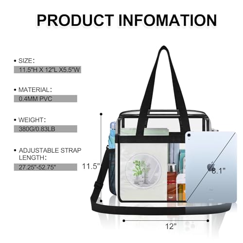 Clear Bag for Stadium Events 12×6×12 Clear Tote Bag | See Through Bag with Removable Shoulder Strap for Concert,Sport,Festival - color: Black, style: Upgrade Main Pocket