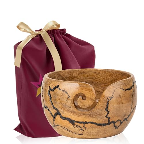 Mangowood Yarn Bowl for Crocheting, Large 7x4 inch Cute Crochet Wooden Yarn Holder & Knitting Gadgets Supplies, Gifts for crocheters Handmade Bowl with Fractal Burning & Black Resin Inlay (M-Black) - color: M-Black
