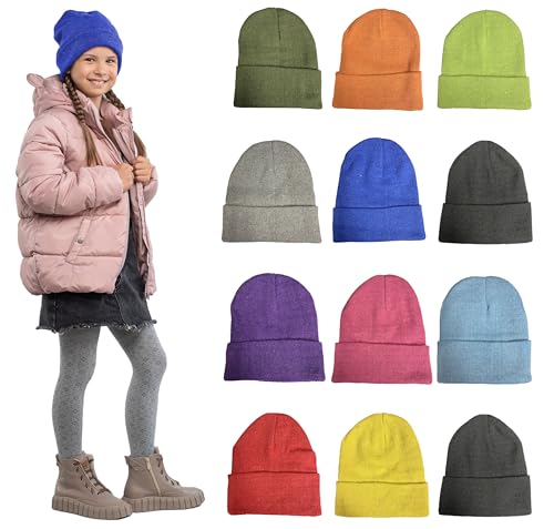 Yacht & Smith Wholesale Beanie and Glove Winter Bulk Kit, Kids Adults Bulk Sets, Homeless Donation Shelters - color: 12 Pack Kids Bright Beanies