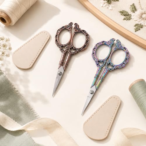 2PCS Vintage Yarn Scissors for Crocheting, Pointed Tip Crochet Scissor | Sewing Embroidery Scissors, Vintage Pointed Detail Shears, Embroidery Scissor with Cover, Tailor Threading Shears for Crochet