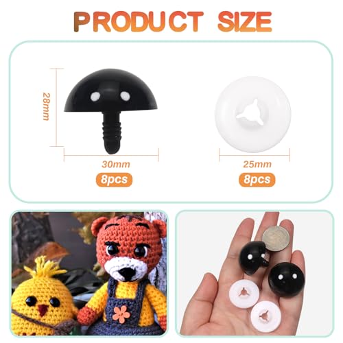 TOAOB 8pcs 30mm Large Safety Eyes for Amigurumis Black Plastic Crafts Doll Eye with Washers for DIY Crochet Stuffed Animals Doll Making Supplies - color: Black, size: 30mm