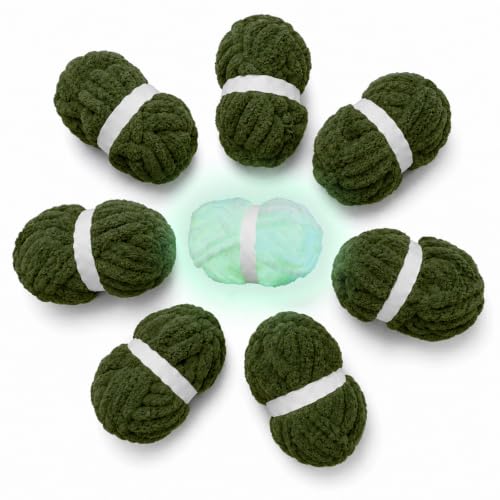 8 Pack Chunky Chenille Yarn for Hand Knitting, Glow in The Dark, Green | 8-pack jumbo chenille yarn with 1 glow-in-the-dark skein! Ultra-soft, fast to hand knit & perfect for DIY cozy gifts - color: Olive Green