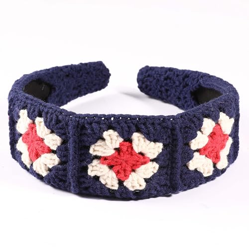Crochet Headband for Women, Handmade Sunflower & Checkered Hair Accessories, Stretchable Boho Hair Band (Royal Blue, Checkered) - color: Royal Blue