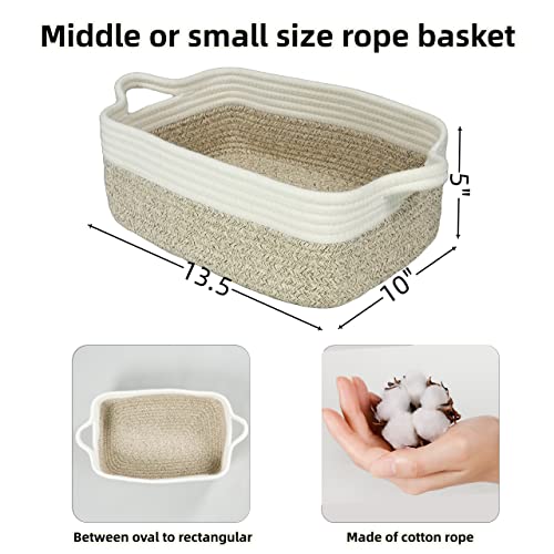 XUANGUO Medium Woven Cotton Rope Storage Basket with Handles | Small decorative rectangle storage bin for baby nursery items and cat toys; ideal as an empty gift basket or dog toy basket - color: white and brown