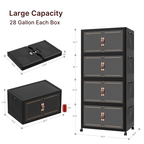 UAMFURI Stackable Storage Bins with Lids, 440QT Lockable Storage Cabinet | Closet Organizers, Foldable Storage Box with Doors and Wheels, Plastic Drawers for Home, Garage, Office (4, Black, Plus) - color: Black, size: Plus