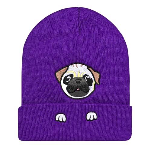 Personality Animal Head Embroidery Knit Beanie Hat for Adult and Big Kids Winter Warm Skull Cuffed Hats - color: Dog 2-purple